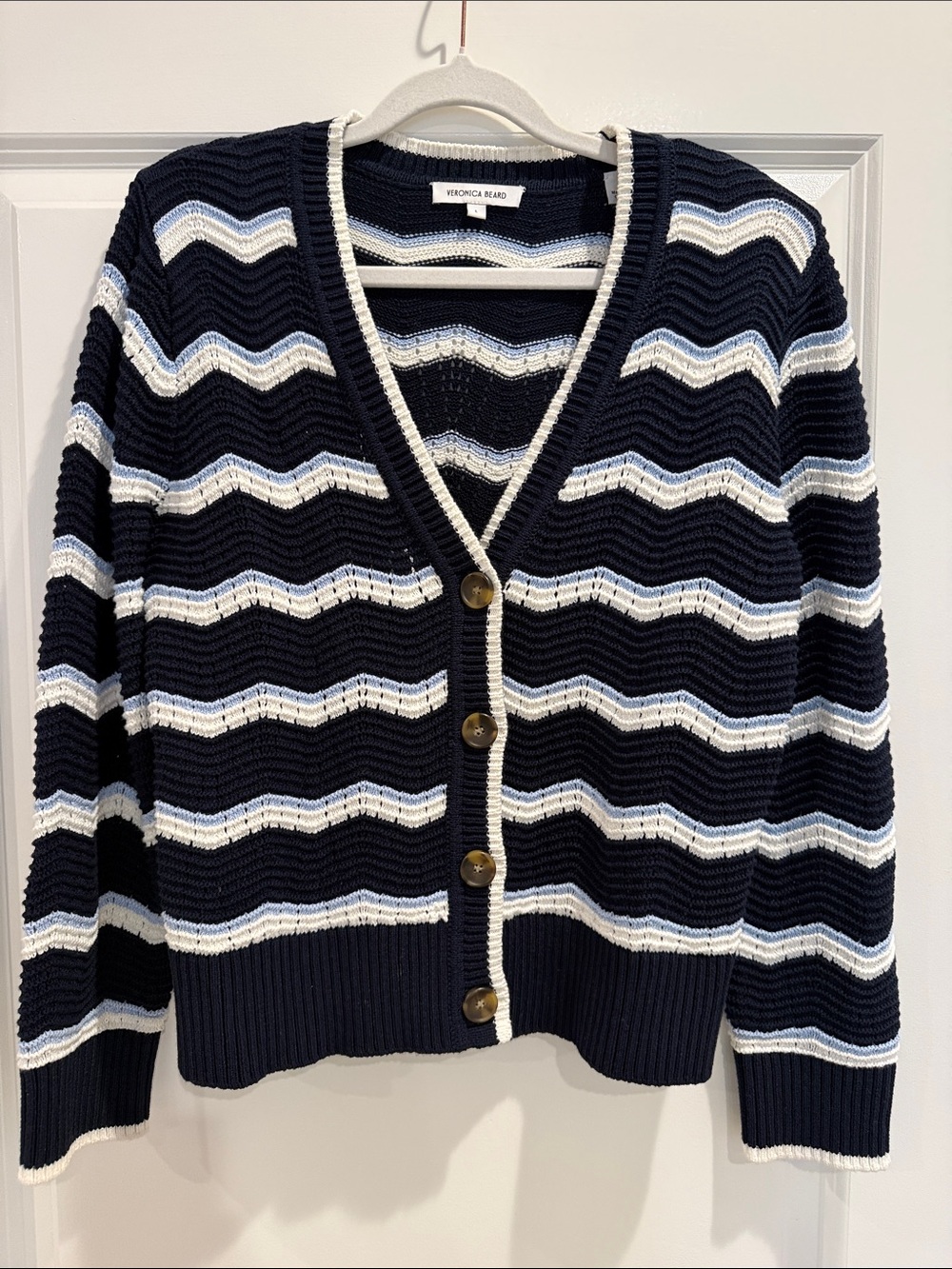 Veronica Beard Navy, White & Light Blue Chevron Knit Cardigan